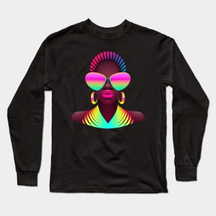 Retro African Woman Beautiful Pink Neon Black History Colorful Long Sleeve T-Shirt